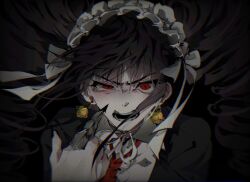 Rule 34 | 1girl, black hair, black nails, celestia ludenberg, center frills, collared shirt, danganronpa: trigger happy havoc, danganronpa (series), drill hair, earrings, frills, gothic lolita, headdress, highres, jewelry, lolita fashion, long hair, looking at viewer, nail polish, necktie, open mouth, portrait, red eyes, red necktie, shirt, solo, teeth, twin drills, twintails, upper body, yochilyee