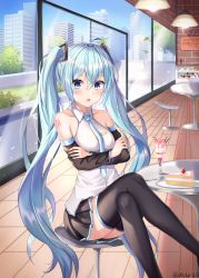 Rule 34 | 1girl, absurdres, aqua eyes, aqua hair, artist name, bad id, bad pixiv id, bare shoulders, black skirt, black sleeves, black thighhighs, blue eyes, blue hair, blush, cafe, cake, cake slice, chair, cityscape, collarbone, collared shirt, commentary, crossed arms, crossed legs, day, detached sleeves, feet out of frame, food, fruit, hair between eyes, hair ornament, hatsune miku, highres, ice cream, indoors, long hair, long sleeves, looking at viewer, miniskirt, nail polish, necktie, open mouth, outdoors, parfait, plate, pleated skirt, pocky, shirt, shop, shoulder tattoo, sitting, skirt, sleeveless, sleeveless shirt, solo, strawberry, table, tattoo, thighhighs, twintails, very long hair, vocaloid, window, wooden floor, wooden wall, zeroillya