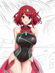 Rule 34 | 1girl, black one-piece swimsuit, breasts, chest jewel, competition swimsuit, covered collarbone, covered navel, fgsketch, gem, gluteal fold, headpiece, highres, large breasts, one-piece swimsuit, pyra (pro swimmer) (xenoblade), pyra (xenoblade), red eyes, red hair, red one-piece swimsuit, ribbed swimsuit, short hair, sketch background, solo, strapless, strapless one-piece swimsuit, striped clothes, striped one-piece swimsuit, swept bangs, swimsuit, tiara, two-tone swimsuit, unfinished, vertical-striped clothes, vertical-striped one-piece swimsuit, xenoblade chronicles (series), xenoblade chronicles 2