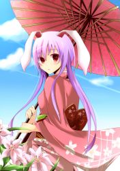 Rule 34 | 1girl, alternate costume, animal ears, rabbit ears, cloud, day, female focus, floral print, flower, from side, japanese clothes, kimono, lily (flower), long hair, long sleeves, looking at viewer, obi, oil-paper umbrella, pink hair, red eyes, reisen udongein inaba, sash, sky, solo, touhou, umbrella, usaki (seiga), very long hair, wide sleeves