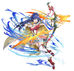Rule 34 | 1girl, aiming, arrow (projectile), blue eyes, blue hair, boots, bow (weapon), braid, braided sidelock, breasts, cape, choker, cleavage, corset, dragon, dress, energy, female focus, fingerless gloves, fire emblem, fire emblem: the sacred stones, fire emblem heroes, gloves, hair ribbon, hair tie, high ponytail, holding, holding bow (weapon), holding weapon, knee up, long hair, matching hair/eyes, medium breasts, mikurou (nayuta), nintendo, official alternate costume, official art, open mouth, pink corset, pink dress, pink ribbon, pleated dress, puffy short sleeves, puffy sleeves, ribbon, short sleeves, smile, solo, tana (fire emblem), thighhighs, twin braids, v-shaped eyebrows, weapon, white background, white gloves, white thighhighs, yellow cape