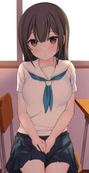 1girl black_eyes black_hair black_skirt blue_neckerchief blush breasts chair classroom closed_mouth commentary_request desk echiru39 hair_between_eyes highres looking_at_viewer medium_breasts medium_hair neckerchief original paid_reward_available school_chair school_desk school_uniform serafuku short_sleeves skirt solo summer_uniform white_serafuku window