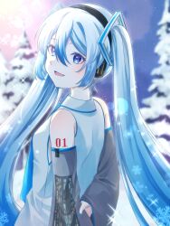 Rule 34 | 1girl, arms behind back, blue necktie, commentary, from behind, grey sleeves, hatsune miku, headphones, highres, holding own arm, huyu hakuyami, lens flare, looking at viewer, looking back, necktie, number tattoo, open mouth, outdoors, pine tree, shirt, shoulder tattoo, smile, snow, snowflakes, solo, sparkle, star (sky), sun, sunrise, tattoo, tree, upper body, vocaloid, white shirt, winter, yuki miku, yuki miku (2010)