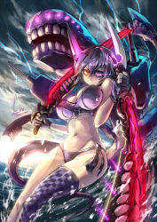 Rule 34 | 10s, 1girl, abyssal ship, bikini, breasts, checkered clothes, checkered legwear, dark persona, dual wielding, eyepatch, gloves, glowing, glowing eye, headgear, holding, kantai collection, kito (kito2), large breasts, partially fingerless gloves, purple hair, short hair, single thighhigh, solo, swimsuit, sword, tenryuu (kancolle), thighhighs, weapon, yellow eyes