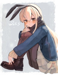 Rule 34 | 1girl, black footwear, black pantyhose, black scarf, blonde hair, blue coat, blush, brown eyes, buttons, closed mouth, coat, earmuffs, female focus, full body, grey skirt, hair between eyes, kantai collection, long hair, long sleeves, looking at viewer, pantyhose, pleated skirt, scarf, shimakaze (kancolle), shoes, signature, skirt, solo, wss (nicoseiga19993411)
