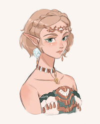 Rule 34 | 1girl, blonde hair, braid, commentary, crown braid, earrings, eiriseth, green eyes, highres, jewelry, looking at viewer, necklace, nintendo, pointy ears, princess zelda, shirt, short hair, solo, strapless, strapless shirt, the legend of zelda, upper body