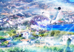 Rule 34 | balloon, bird, black hair, city, day, dreaming, dress, floating, floating object, flying, grass, light, light rays, little pine, long dress, long hair, original, outstretched arms, river, scenery, shoes, sparkle, spread arms, spring (season), tree, water, wind