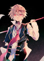 Rule 34 | 1boy, absurdres, black vest, blonde hair, expressionless, highres, holding, holding scythe, looking at viewer, male focus, necktie, open clothes, open vest, oz vessalius, pandora hearts, red eyes, red necktie, scythe, shirt, short hair, solo, upper body, vest, wanui, white shirt