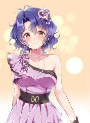 Rule 34 | 1girl, asymmetrical clothes, black gloves, blue hair, breasts, brown eyes, collarbone, dress, flower, gloves, hair between eyes, hair flower, hair ornament, idolmaster, idolmaster million live!, idolmaster million live! theater days, jewelry, jiino, lens flare, looking at viewer, medium breasts, necklace, pink dress, pink flower, pink rose, rose, short hair, sleeveless, sleeveless dress, smile, solo, standing, toyokawa fuka, upper body