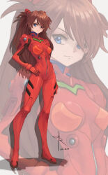 Rule 34 | 1girl, 2023, blue eyes, bodysuit, breasts, brown hair, dated, female focus, full body, gloves, hair between eyes, hand on own hip, headgear, highres, long hair, medium breasts, neon genesis evangelion, pilot suit, plugsuit, red bodysuit, roober, shiny clothes, smile, solo, souryuu asuka langley, two side up, zoom layer