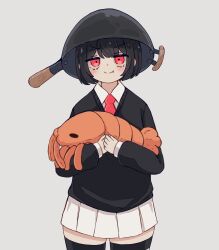 Rule 34 | 1girl, absurdres, black hair, black thighhighs, blush, closed mouth, collared shirt, commentary, dress shirt, english commentary, fang, grey background, highres, holding, holding stuffed toy, hugging object, jitome, looking at viewer, mai (melonbread), melonbread, necktie, original, own hands together, pleated skirt, pot on head, red eyes, red necktie, school uniform, shirt, simple background, skirt, smile, smug, solo, standing, stuffed animal, stuffed shrimp, stuffed toy, thighhighs, upturned eyes, v-neck, v-shaped eyebrows, w arms, white shirt, white skirt, wok, zettai ryouiki