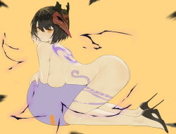 Rule 34 | 1girl, absurdres, ass, back tattoo, bad id, bad pixiv id, bird mask, black footwear, black hair, blush, brashear lushert, breasts, from side, full body, genshin impact, hair between eyes, high heels, highres, kujou sara, large breasts, leg tattoo, looking at viewer, looking to the side, mask, mask on head, nail polish, nude, parted lips, purple nails, short hair, simple background, slime (genshin impact), solo, tattoo, yellow eyes