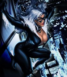 Rule 34 | 1girl, black cat (marvel), blue eyes, breasts, cleavage, large breasts, long hair