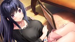Rule 34 | 1girl, akebi saki, amaemi-longing for you-, bare legs, black hair, black shirt, blush, breasts, carrying, collarbone, game cg, hair ornament, hairclip, hand on another&#039;s shoulder, indoors, jewelry, large breasts, long hair, long sleeves, looking at viewer, necklace, open mouth, oryo (oryo04), pink shorts, pov, princess carry, red eyes, shiny skin, shirt, short shorts, shorts, solo focus, watch, wristwatch