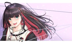 Rule 34 | 1girl, absurdres, ahoge, black hair, blush, colored inner hair, earrings, green eyes, hair ornament, hibika, highres, hizuki yui, jewelry, letterboxed, long hair, looking at viewer, mole, mole under eye, multicolored hair, neo-porte, open mouth, solo, two-tone hair, upper body, virtual youtuber