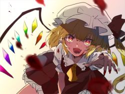 Rule 34 | 1girl, blonde hair, blood, blood on face, blood splatter, commentary request, crystal, fangs, fingernails, flandre scarlet, frills, hat, highres, leaning forward, long fingernails, long hair, looking at viewer, mob cap, nail polish, one-hour drawing challenge, open mouth, pointy ears, reaching, reaching towards viewer, red eyes, red nails, red skirt, red vest, satoupote, shirt, short sleeves, side ponytail, skirt, smile, solo, touhou, upper body, vest, white hat, white shirt, wings, yellow neckwear