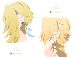 Rule 34 | 1boy, 1girl, aether (genshin impact), blonde hair, braid, brother and sister, character name, commentary request, earrings, feather earrings, feathers, genshin impact, highres, jewelry, limited palette, long hair, lumine (genshin impact), rei rei 6, short hair, siblings, sidelocks, simple background, single earring, white background