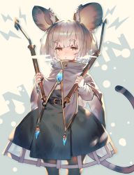Rule 34 | 1girl, :&lt;, absurdres, adapted costume, animal ears, belt, black belt, black skirt, closed mouth, grey hair, highres, long sleeves, looking at viewer, mouse ears, mouse tail, nazrin, red eyes, short hair, skirt, solo, standing, tail, touhou, u u zan