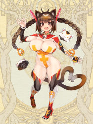 Rule 34 | 1girl, animal ear fluff, animal ears, bell, bodysuit, braid, breasts, bright pupils, brown eyes, brown hair, cat ears, cat tail, collar, covered navel, curvy, dairoku ryouhei, fangs, full body, high heels, huge breasts, long hair, looking at viewer, neck bell, official art, open mouth, ryoji (nomura ryouji), slit pupils, solo, tail, twin braids