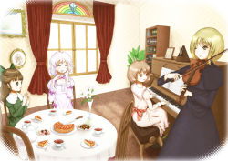 Rule 34 | 4girls, ;), alternate costume, blonde hair, bookshelf, bow, brown eyes, brown hair, cake, chair, checkerboard cookie, cookie, cup, curtains, drawing (object), dress, eating, flower, food, fork, frilled dress, frills, green eyes, hair bow, halftone, hand on own cheek, hand on own face, instrument, knife, kurage (artist), layla prismriver, light purple hair, long hair, lunasa prismriver, lyrica prismriver, macaron, merlin prismriver, multiple girls, music, no headwear, one eye closed, piano, piano bench, pie, plant, plate, playing instrument, playing piano, portrait (object), potted plant, rainbow, sauce, sitting, smile, spoon, sweets, table, tablecloth, tart (food), tea, teacup, teapot, touhou, vase, violin, window, yellow eyes