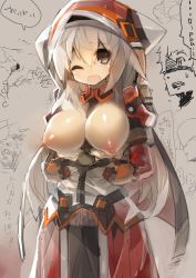Rule 34 | 1girl, :o, absurdres, breasts, brown eyes, highres, hood, hoodie, large breasts, long hair, mamuru, nipples, one eye closed, open clothes, open mouth, open shirt, original, shirt, silver hair, solo, translation request, wink