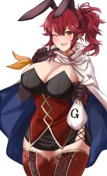Rule 34 | 1girl, absurdres, alternate breast size, alternate costume, animal ears, anna (fire emblem), black dress, black gloves, blue cape, blush, breasts, cape, chinese zodiac, cleavage, commentary request, dress, elbow gloves, fake animal ears, finger to mouth, fire emblem, fire emblem heroes, gloves, hair between eyes, highres, holding, index finger raised, large breasts, leotard, long hair, looking at viewer, nintendo, one eye closed, open mouth, orange eyes, playboy bunny, ponytail, rabbit ears, red hair, red thighhighs, sidelocks, simple background, smile, solo, teeth, thighhighs, thighs, toshimasa, two-tone cape, upper teeth only, white cape, year of the rabbit