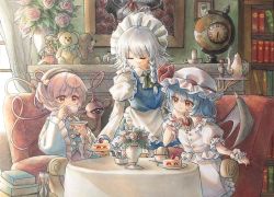 Rule 34 | 3girls, ahoge, apron, armchair, bat wings, black hairband, blouse, blue dress, blue hair, blue shirt, book, bookshelf, bouquet, braid, brooch, cake, candle, chair, clock, closed eyes, closed mouth, covered mouth, cup, dress, drinking, fingernails, flandre scarlet, flower, food, frilled apron, frilled shirt collar, frilled sleeves, frills, globe, hairband, hat, head rest, heart, highres, hisako (6anmbblfnjueeff), hourglass, indoors, izayoi sakuya, jewelry, juliet sleeves, komeiji koishi, long sleeves, maid, maid headdress, medium hair, mob cap, multiple girls, nail polish, parted lips, picture frame, pink hair, portrait (object), puffy short sleeves, puffy sleeves, red eyes, red nails, remilia scarlet, roman numeral, rose, saucer, sharp fingernails, shirt, short hair, short sleeves, silver hair, sitting, steam, strawberry shortcake, stuffed animal, stuffed toy, table, teacup, teddy bear, third eye, touhou, tray, twin braids, vase, vial, waist apron, white dress, wide sleeves, wings, wrist cuffs