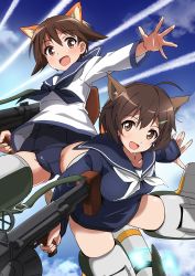 Rule 34 | 2girls, :d, animal ear fluff, animal ears, blue neckwear, blue one-piece swimsuit, blue sailor collar, blue shirt, brave witches, brown eyes, brown hair, cloud, collarbone, contrail, crotch, drum magazine, gluteal fold, hair ornament, hairclip, highres, holding, holding weapon, karibuchi hikari, long sleeves, looking at viewer, magazine (weapon), miyafuji yoshika, multiple girls, one-piece swimsuit, open mouth, outstretched arm, sailor collar, school swimsuit, school uniform, serafuku, shirt, short hair, sky, smile, strike witches, striker unit, swimsuit, tail, thighs, tricky 46, type 99 cannon, weapon, white neckwear, white shirt, world witches series