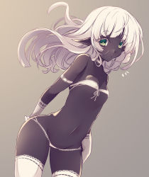 Rule 34 | 1girl, armband, black skin, bra, breasts, colored eyelashes, colored skin, female focus, gloves, gradient background, green eyes, grey background, highres, hisui (syarute), long hair, looking at viewer, micro bra, micro panties, navel, original, panties, pointy ears, simple background, small breasts, solo, stomach, strapless, thighhighs, tube top, undersized clothes, underwear, white bra, white gloves, white hair, white panties, white thighhighs