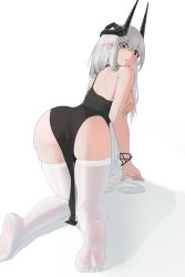 Rule 34 | 1girl, all fours, arknights, ass, bare shoulders, black dress, bracelet, breasts, breasts out, covering privates, covering breasts, dress, from behind, grey hair, highres, horns, jewelry, large breasts, long hair, looking at viewer, looking back, mudrock (arknights), mudrock (obsidian) (arknights), no shoes, official alternate costume, open mouth, pelvic curtain, pointy ears, simple background, skindentation, sleeveless, sleeveless dress, soles, solo, thighhighs, very long hair, white background, white thighhighs, zerotwenty (020)
