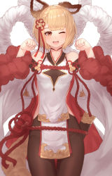 Rule 34 | 1girl, ;d, absurdres, animal ears, apron, arms up, bad id, bad pixiv id, bare shoulders, black pantyhose, blonde hair, blue background, braid, breasts, choker, collarbone, cowboy shot, detached sleeves, erune, eyelashes, french braid, granblue fantasy, highres, japanese clothes, looking at viewer, one eye closed, open mouth, pantyhose, paw pose, rope, shimenawa, short hair, smile, solo, straight-on, vajra (granblue fantasy), waist apron, wide sleeves, yu mochi (kamiinu)
