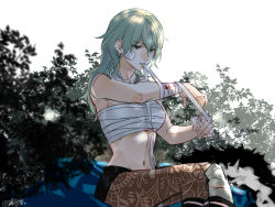 Rule 34 | 1girl, bandaged arm, bandages, blood, breasts, byleth (female) (fire emblem), byleth (fire emblem), chest sarashi, feet out of frame, fire emblem, fire emblem: three houses, green eyes, green hair, hair between eyes, highres, medium breasts, midriff, mouth hold, navel, nintendo, pantyhose, sarashi, signature, sitting, solo, stomach, tang xinzi, teeth hold, white background