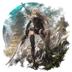 Rule 34 | 1girl, long hair, nier:automata, nier (series), octopath traveler, octopath traveler: champions of the continent, official art, outdoors, solo, sword, weapon, white hair, a2 (nier:automata)