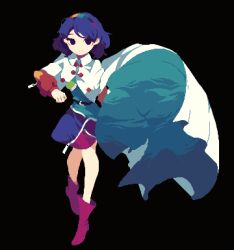Rule 34 | 1girl, 4qw5, black background, black eyes, blue hair, cape, full body, hairband, long sleeves, looking at viewer, multicolored clothes, multicolored hairband, pixel art, purple footwear, short hair, simple background, solo, tenkyuu chimata, touhou, white cape, zipper
