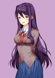 Rule 34 | blouse, doki doki literature club, game cg, miniskirt, official art, purple background, satchely, shirt, simple background, skirt, solo, tagme, white shirt, yuri (doki doki literature club)