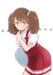 Rule 34 | ..., 1girl, alternate costume, anna miller, badge, brown eyes, brown hair, commentary request, commission, cowboy shot, enjaku izuku, highres, kantai collection, leaning forward, long hair, looking at viewer, red skirt, ryuujou (kancolle), skirt, solo, suspenders, sweater, tray, twintails, waitress, white background
