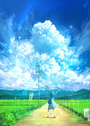 Rule 34 | 1girl, arm up, bag, blue hair, blue sailor collar, blue serafuku, blue shirt, blue skirt, blue sky, cloud, cloudy sky, commentary request, cumulonimbus cloud, day, floating hair, forest, from behind, hair ribbon, highres, holding, holding sword, holding weapon, kneehighs, long hair, mountainous horizon, nature, original, outdoors, pleated skirt, power lines, red ribbon, ribbon, rice paddy, road, sailor collar, scarecrow, scenery, school bag, school uniform, serafuku, shadow, shirt, short sleeves, shoujou (illust primete), sign, skirt, sky, socks, solo, standing, summer, sword, utility pole, weapon, white socks, wide shot