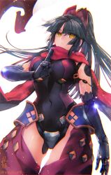 Rule 34 | 1girl, armor, armored boots, black hair, blunt bangs, boots, breasts, closed mouth, covered navel, cowboy shot, elbow gloves, fate/grand order, fate (series), gloves, joints, katou danzou (fate), long hair, looking at viewer, medium breasts, ponytail, red scarf, robot joints, scared, scarf, shutsuri, solo, thighs, twitter username, white background, yellow eyes