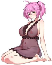 Rule 34 | 10s, 1girl, ahoge, babydoll, barefoot, blush, breasts, covered erect nipples, full body, inverted nipples, large breasts, looking at viewer, navel, nipples, open mouth, philuffy aingram, pink hair, saijaku muhai no bahamut, see-through, short hair, short twintails, simple background, sitting, solo, tomohiro kai, twintails, wariza, white background, yellow eyes