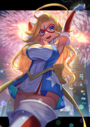 Rule 34 | 1girl, :d, armpits, arms up, blonde hair, blue eyes, breasts, covered navel, cowboy shot, dress, elbow gloves, electricity, eye mask, fingerless gloves, fireworks, gloves, kamen america, kamen america (comic), large breasts, long hair, night, open mouth, outdoors, red mask, sakumichi, short dress, smile, solo, superhero costume, thighhighs