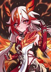 Rule 34 | 1girl, absurdres, animal hands, artist name, bare shoulders, black shorts, black sports bra, chinese clothes, claws, closed mouth, detached sleeves, elbow gloves, eyeliner, fire, fu hua, fu hua (garuda), gloves, hair between eyes, highres, honkai (series), honkai impact 3rd, long hair, looking at viewer, low-tied long hair, low twintails, makeup, multicolored hair, nyxk art, red eyeliner, red eyes, red gloves, red hair, red rope, red scales, rope, scales, shorts, solo, sports bra, sportswear, streaked hair, symbol-shaped pupils, twintails, two-tone hair, very long hair, white hair, yellow pupils