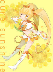 Rule 34 | 10s, 1girl, bad id, bad pixiv id, blonde hair, blush, boots, bow, brooch, character name, choker, cure sunshine, english text, eyelashes, flower, hair ornament, hair ribbon, happy, heart, heart brooch, heartcatch precure!, high heels, jewelry, knee boots, kneehighs, lacolon, long hair, looking at viewer, magical girl, midriff, myoudouin itsuki, navel, one eye closed, orange bow, potpourri (heartcatch precure!), precure, puffy sleeves, ribbon, shirt, skirt, smile, socks, solo, sunflower, twintails, wink, wrist cuffs, yellow background, yellow eyes