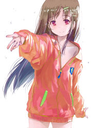 Rule 34 | 1girl, black hair, closed mouth, commentary, cowboy shot, drawstring, emblem, hair ornament, hairclip, hood, hoodie, long hair, long sleeves, looking at viewer, no pants, no shirt, off shoulder, original, partially unzipped, reaching, reaching towards viewer, red eyes, red hoodie, simple background, smile, solo, standing, white background, wind, yurikuta tsukumi