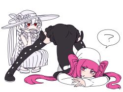 Rule 34 | 2girls, ?, arm rest, ass, bleach, blush, boots, braid, breasts, cleavage, crossover, dokugamine riruka, dress, expressionless, fingernails, flexible, full body, hanya (hanya yashiki), hat, highres, jack-o&#039; challenge, large breasts, lips, long hair, looking at viewer, mandator (ziga), meme, multiple girls, pink eyes, pink hair, red eyes, sharp teeth, simple background, skindentation, solo, spread legs, stretching, teeth, thighhighs, top-down bottom-up, tsundere, twintails, white background, white hair, wide spread legs, ziga