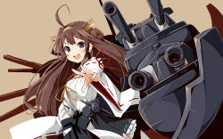 Rule 34 | &gt;:d, 10s, 1girl, :d, ahoge, aiming, aiming at viewer, bare shoulders, blush, brown hair, detached sleeves, double bun, hair bun, hair ornament, hairband, headgear, japanese clothes, kantai collection, kongou (kancolle), long hair, looking at viewer, nontraditional miko, open mouth, outstretched hand, personification, pleated skirt, purple eyes, ribbon-trimmed sleeves, ribbon trim, simple background, skirt, smile, solo, v-shaped eyebrows, wara (warapro)