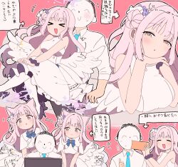 Rule 34 | &gt; &lt;, 1boy, 1girl, :d, animal ears, blue archive, blue necktie, blush, breasts, cake, capelet, cat ears, closed mouth, doodle sensei (blue archive), dress, eating, feathered wings, feeding, food, hair bun, halo, head rest, highres, huzinooop, large breasts, long hair, looking at another, looking at viewer, mika (blue archive), motion lines, necktie, open mouth, pantyhose, pink hair, scrunchie, sensei (blue archive), shirt, single side bun, sitting, sitting on lap, sitting on person, smile, speech bubble, swiss roll, thumbs up, translation request, white capelet, white dress, white pantyhose, white shirt, white wings, wings, wrist scrunchie, xd, yellow eyes