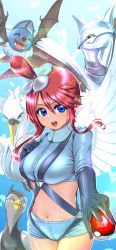 Rule 34 | 1girl, absurdres, blue eyes, blue gloves, blue jacket, blue shorts, breasts, cowboy shot, creatures (company), cropped jacket, game freak, gen 2 pokemon, gen 5 pokemon, gloves, hadairo rainbow, hair between eyes, hair ornament, hand on own chest, hands up, harness, highres, jacket, large breasts, looking at viewer, midriff, navel, nintendo, one side up, open mouth, outstretched arm, paid reward available, pokemon, pokemon (creature), pokemon bw, red hair, short hair with long locks, short shorts, shorts, sidelocks, skarmory, skyla (pokemon), smile, stomach, swanna, swoobat, taut clothes, unfezant