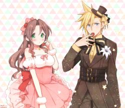 Rule 34 | 1boy, 1girl, aerith gainsborough, alternate costume, armband, asymmetrical hair, belt, blonde hair, blue eyes, blush, bow, bowtie, breasts, brown jacket, cloud strife, couple, detached sleeves, dress, earrings, eating, final fantasy, final fantasy vii, final fantasy vii remake, flower, food, food-themed hair ornament, fruit, green eyes, hair bow, hair down, hair ornament, hat, jacket, jewelry, krudears, long hair, medium breasts, mini hat, multiple belts, parted bangs, patterned background, pendant choker, pink dress, puffy short sleeves, puffy sleeves, shirt, short dress, short sleeves, sidelocks, single earring, spiked hair, square enix, star (symbol), strawberry, strawberry hair ornament, upper body, white flower, yellow shirt