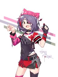 Rule 34 | 1girl, absurdres, animal hat, asymmetrical clothes, belt, bracelet, collar, deel (rkeg), detached sleeves, eyepatch, fang, fingerless gloves, gloves, hat, hayasaka mirei, highres, idolmaster, idolmaster cinderella girls, jewelry, multicolored hair, open mouth, parted bangs, paw pose, purple hair, short hair, simple background, single detached sleeve, single fingerless glove, single glove, skirt, solo, spiked bracelet, spikes, thighhighs, two-tone hair, yellow eyes