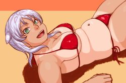 Rule 34 | 1girl, :d, animal ears, bikini, breasts, cat ears, cat girl, fang, female focus, green eyes, hakusan tora, highres, kamisuki, large breasts, meat day, navel, open mouth, original, plump, silver hair, simple background, smile, solo, swimsuit, tan, tanline